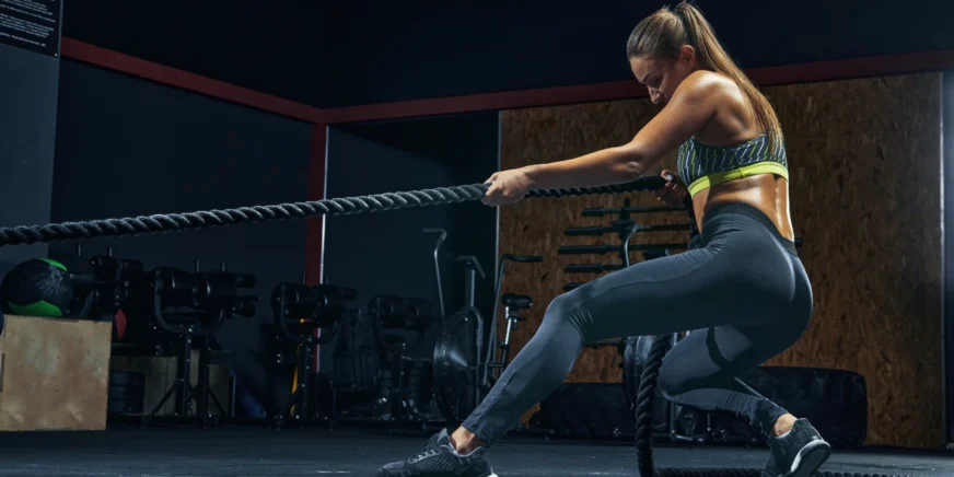 Hyrox-Training Frau macht Sled Pulls