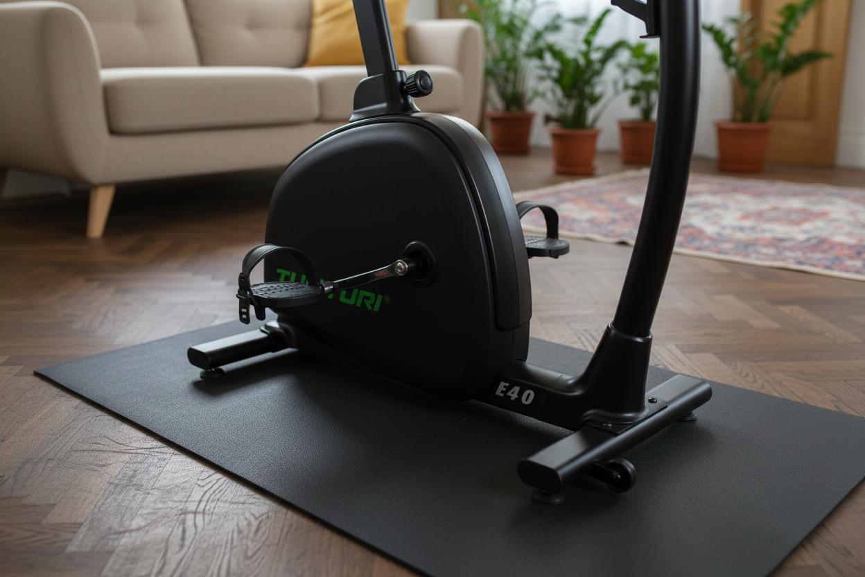 Heimtrainer steht auf Bodenschutzmatte