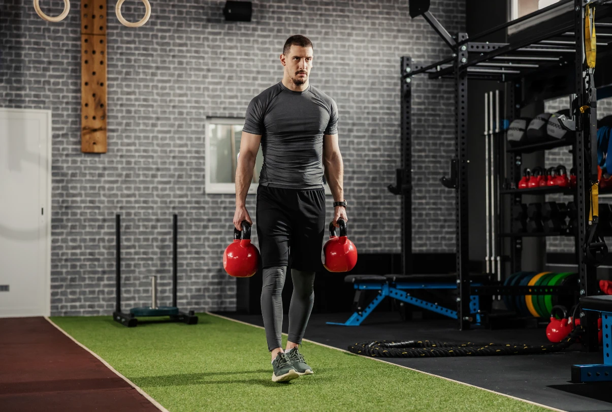 Mann macht mit Kettlebells den Farmers Walk
