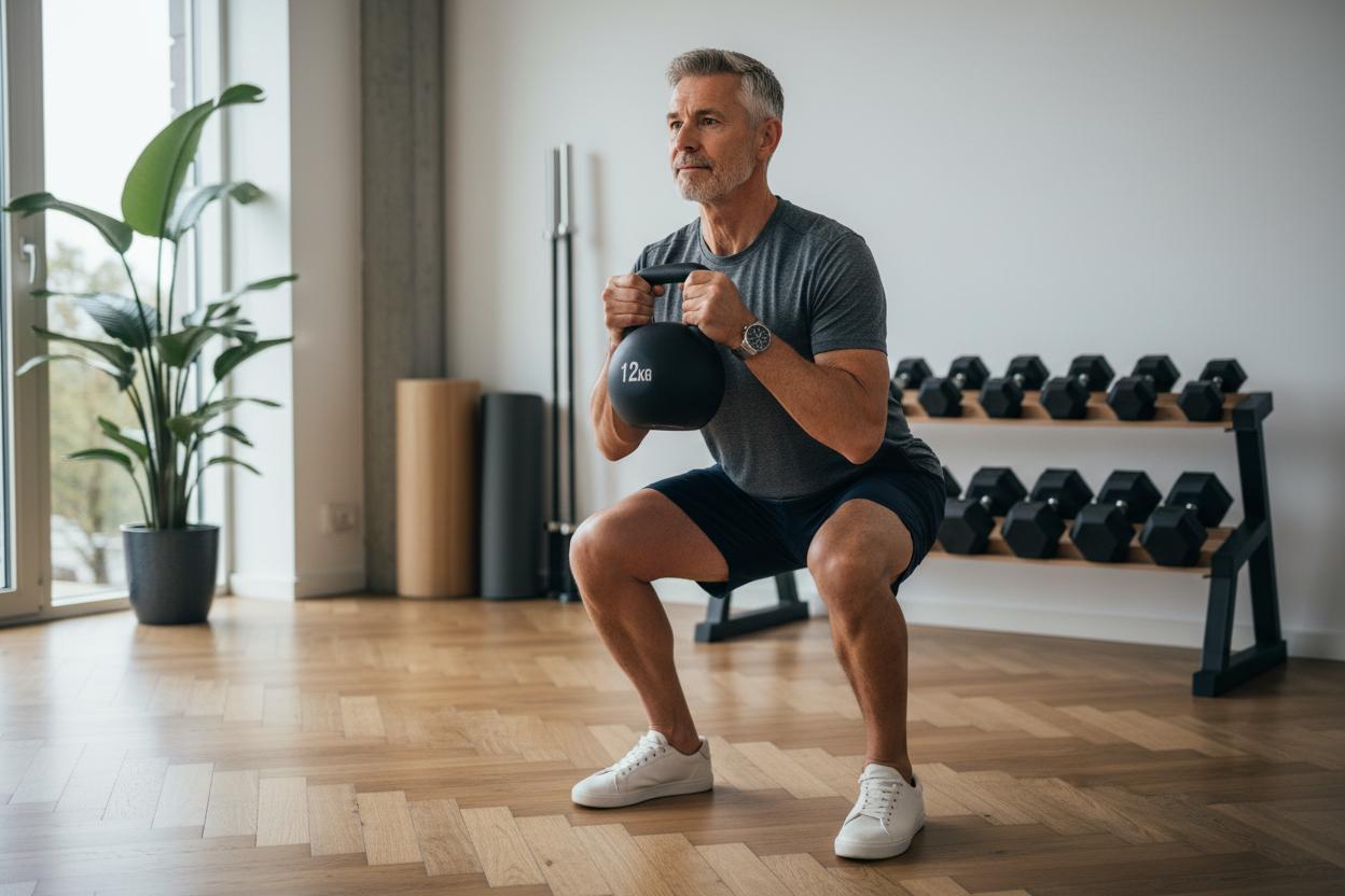 Senior trainiert Goblet Squats mit Kettlebell im eignen Home-Gym