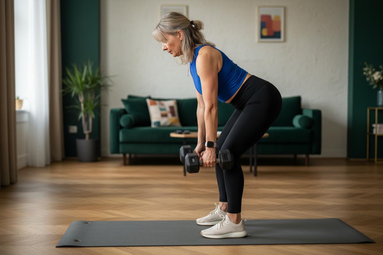 Senioren macht Romanian Deadlift mit Kurzhanteln in ihrem Wohnzimmer
