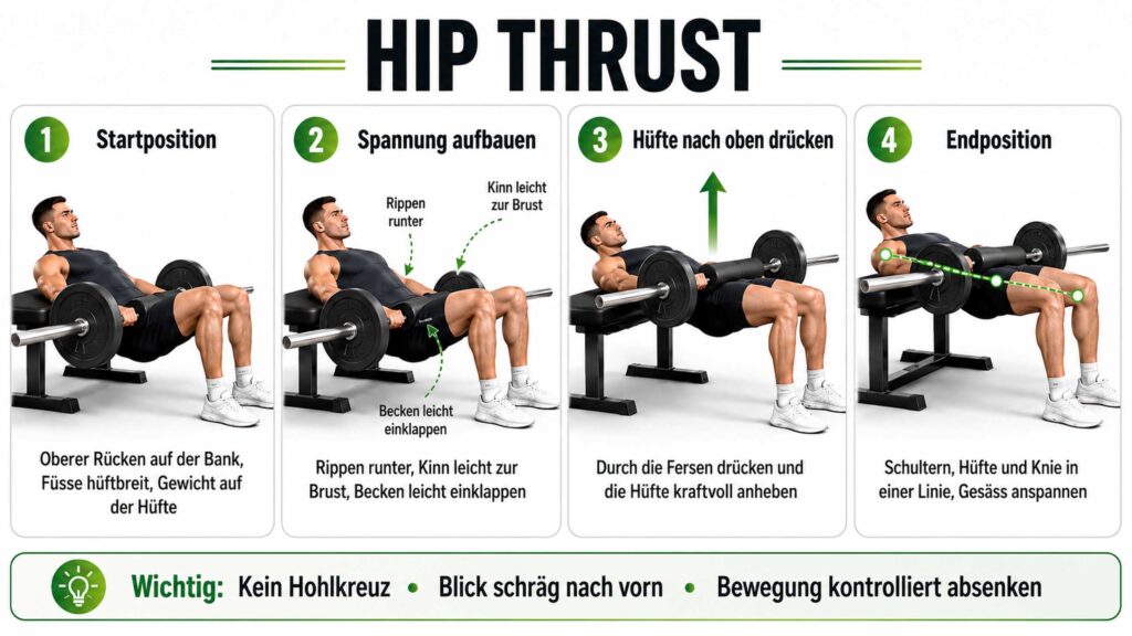 So gelingt der Hip Thrust kontrolliert Hip Thrust Schritt für Schritt erklärt mit Mann, Langhantel und Hantelbank