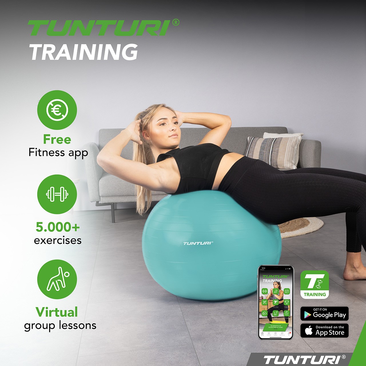 Tunturi Gym Ball - Fitnessball reissfest ABS 75 cm Türkis