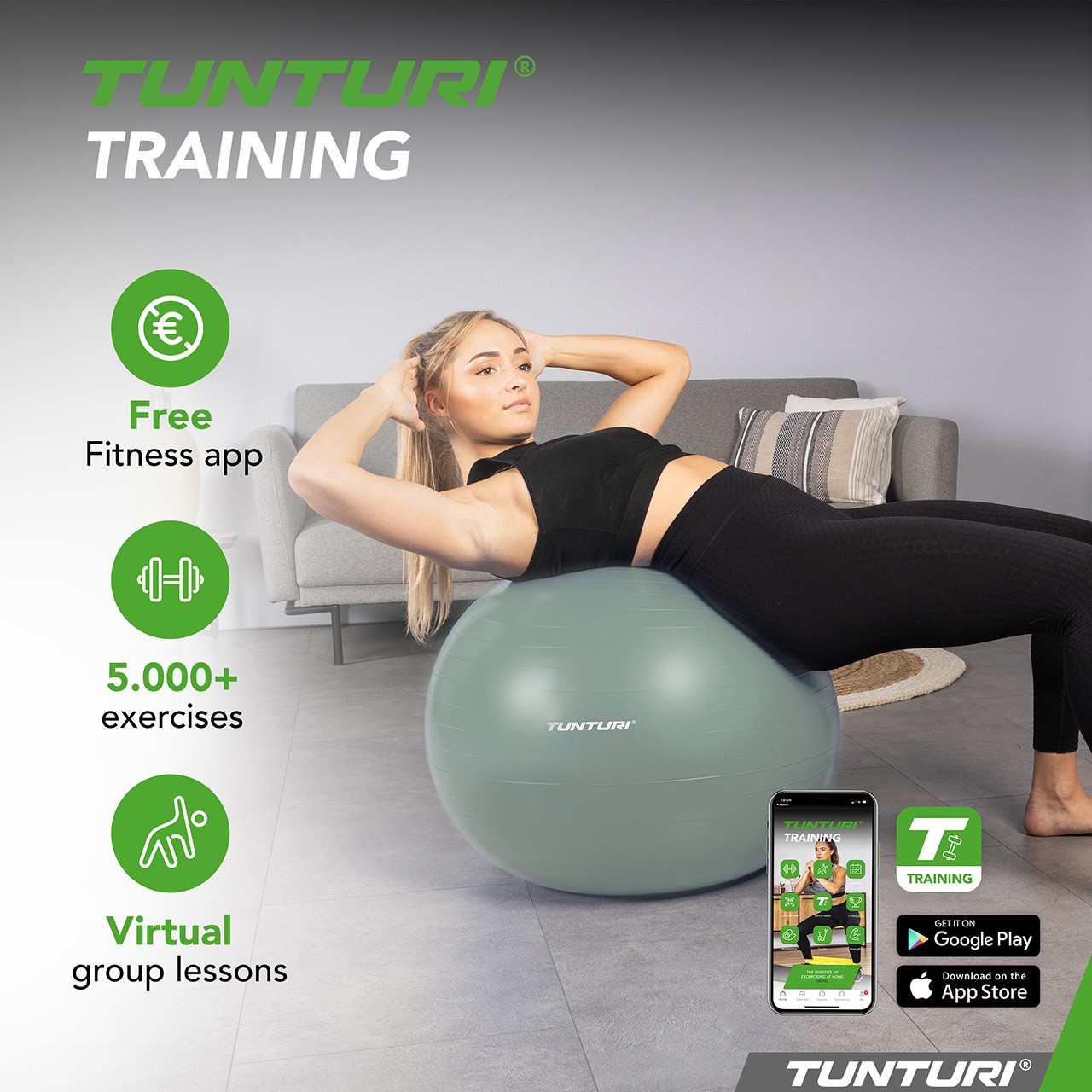 Tunturi Gym Ball - Fitnessball reissfest ABS 75 cm Mintgrün