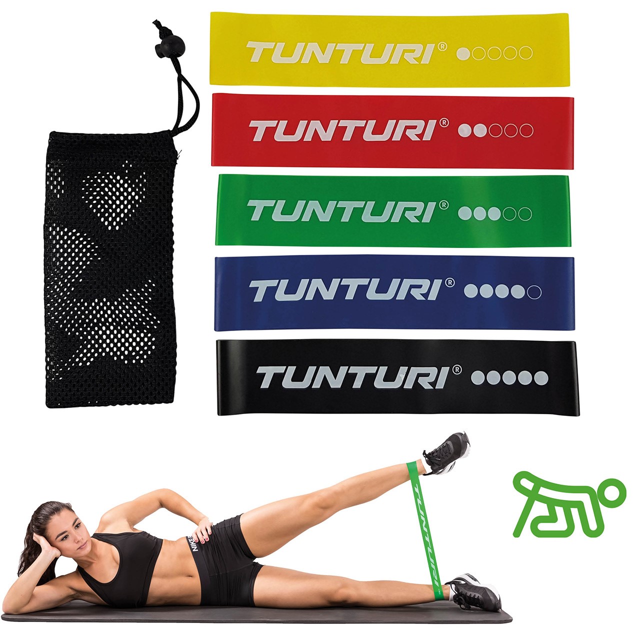 Tunturi Mini Resistance Band Set 5 Stück – 5 Gummi Gymnastikbänder mit Netztasche